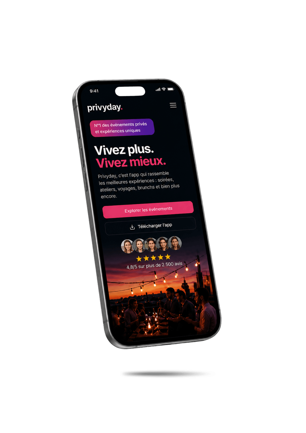 Application Privyday présentant des expériences privées
