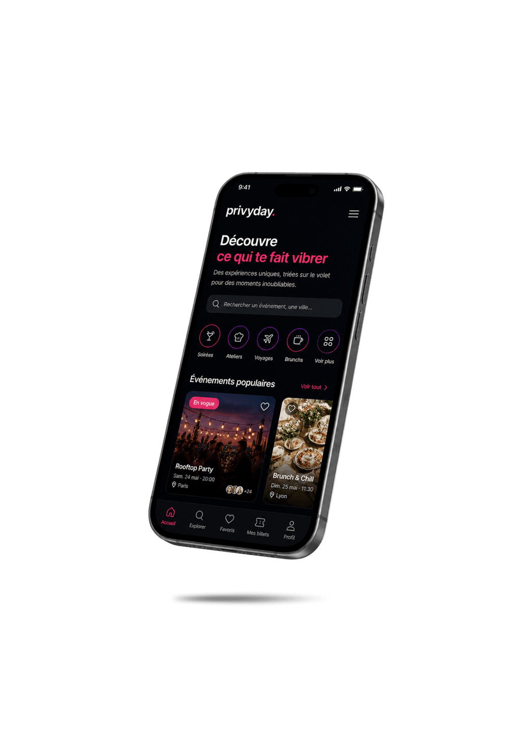 Interface mobile Privyday pour découvrir des événements